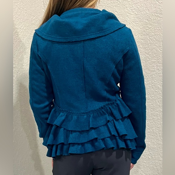 Elevenses anthropology Womens  Jacket with ruffle teal color  Size 6 - Picture 2 of 8